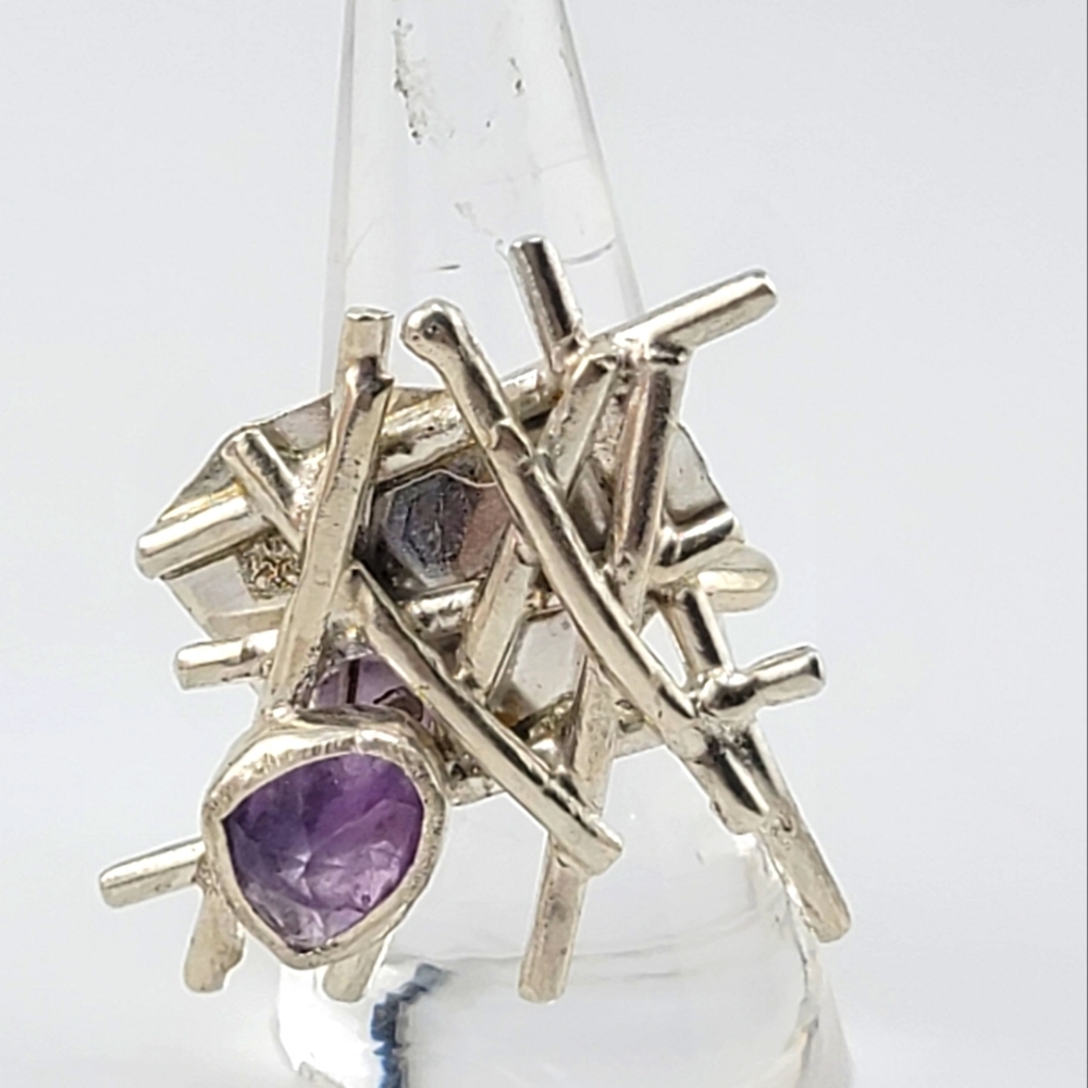 AMETHYST ABSTRACT RING HANDMADE IN STERLING SILVER METAL SIZE 8
